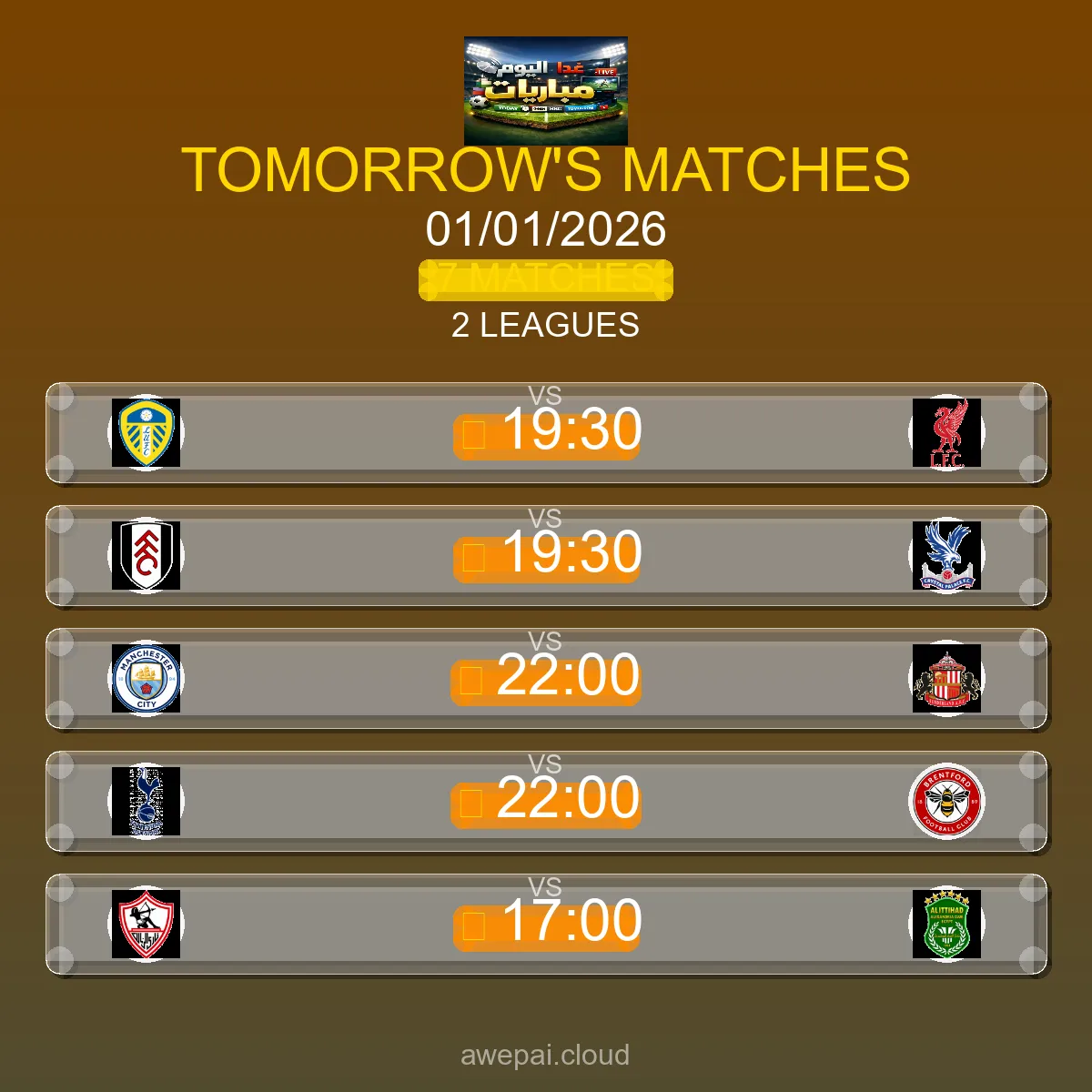 جدول ومواعيد مباريات الغد الخميس 01 يناير 2026 - 7 مباراة