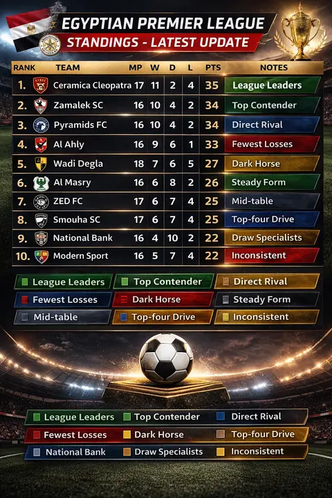 ترتيب الدوري المصري الممتاز 2026 (آخر تحديث)