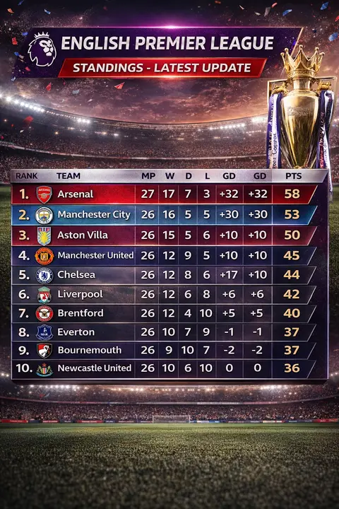 ترتيب الدوري الإنجليزي 2026: أرسنال يحكم قبضته وصراع الوصافة يشتعل بين السيتي والفيلا