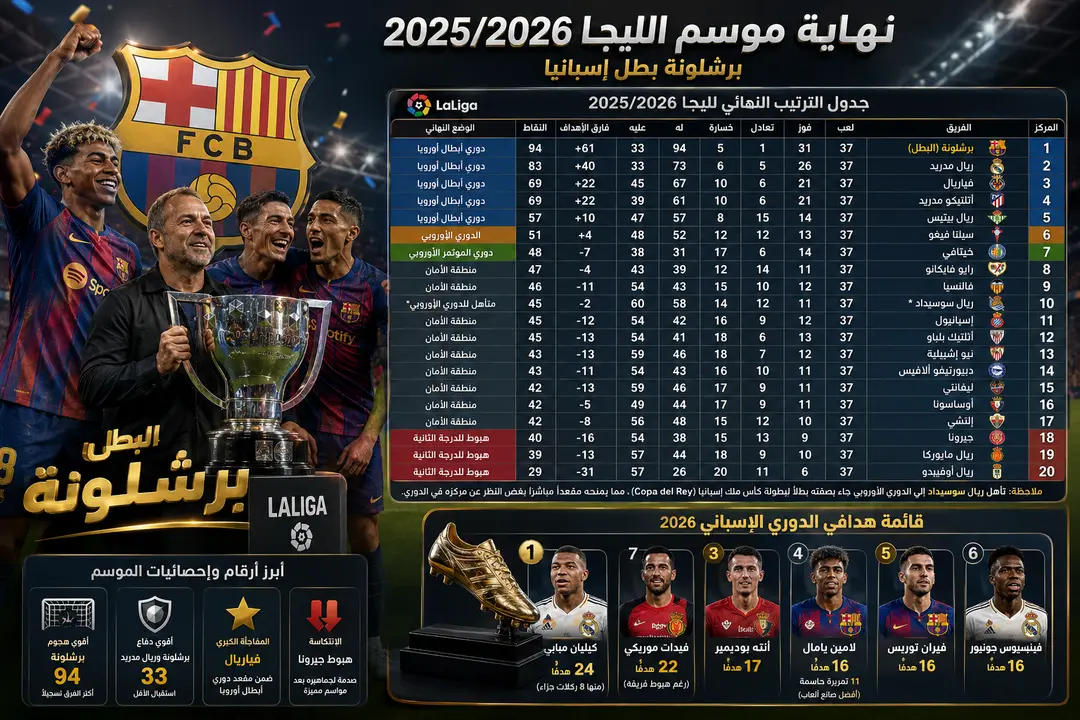ترتيب الدوري الإسباني 2026: برشلونة يستعيد العرش بامتياز ومبابي يتوج بلقب الهداف