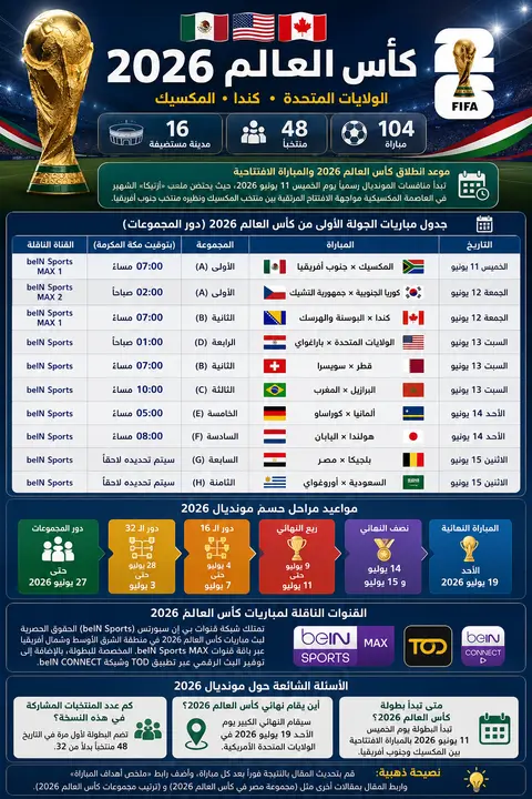جدول مباريات كأس العالم 2026 كاملاً: المواعيد، المجموعات والقنوات الناقلة