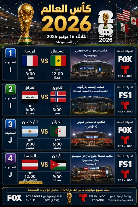 مباريات اليوم 16 يونيو بتوقيت أمريكا - كأس العالم 2026
