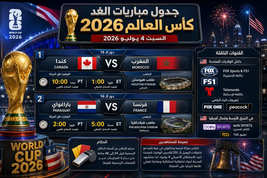 جدول مباريات الغد في كأس العالم 2026 (السبت 4 يوليو) بتوقيت أمريكا
